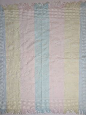 Vintage Heart Beats Pastel Woven Baby Blanket Fringe Pink Blue Knit Waffle 36"
